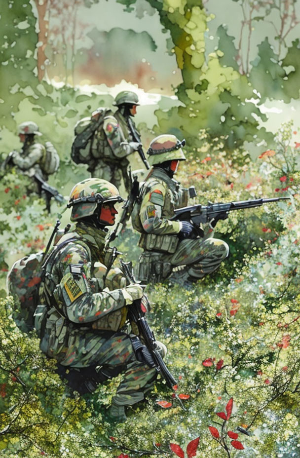 Military soldiers in camouflage gear navigating dense forest with rifles.