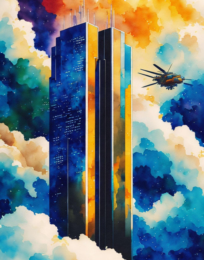 Colorful watercolor skyscrapers with helicopter in vibrant cityscape.