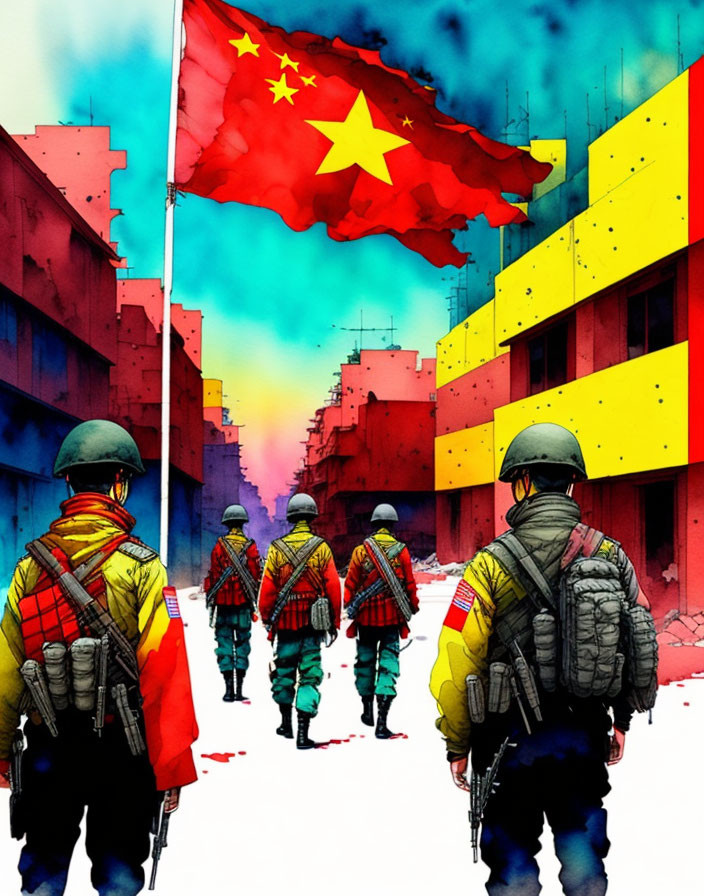 Military soldiers with backpacks marching towards vibrant urban landscape under large Chinese flag.