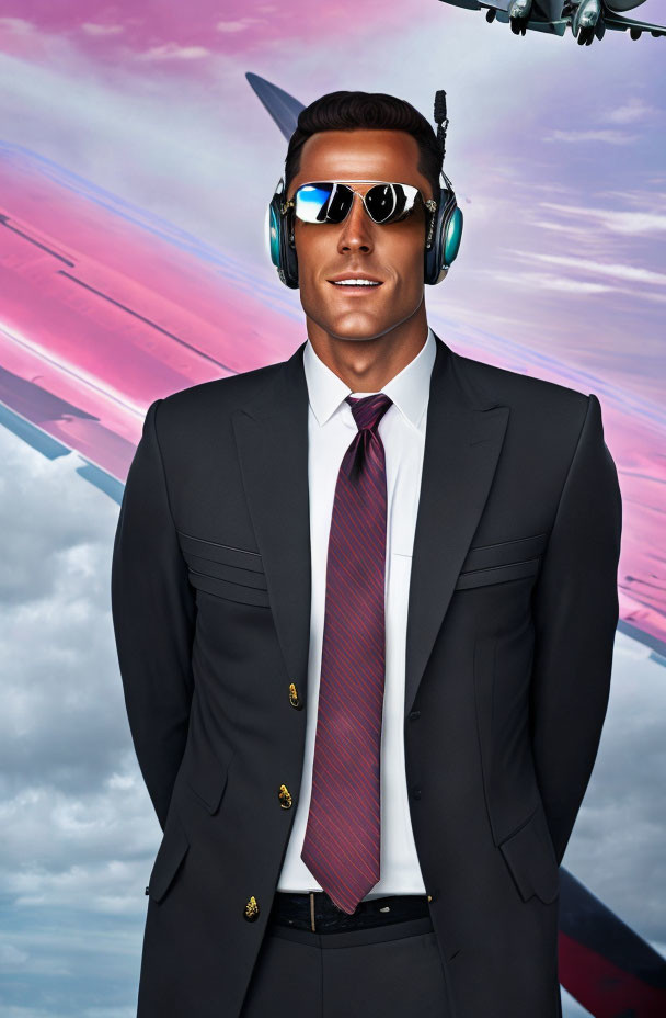 Stylish man in suit and tie with sunglasses and headphones under helicopter in sky