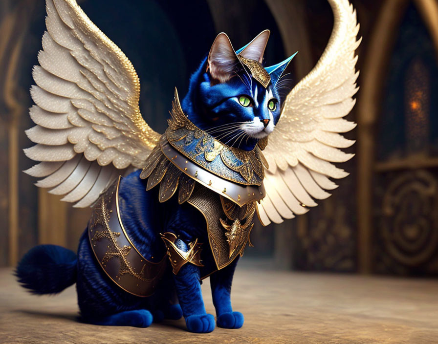 Winged cat in golden armor and crown in grand hallway