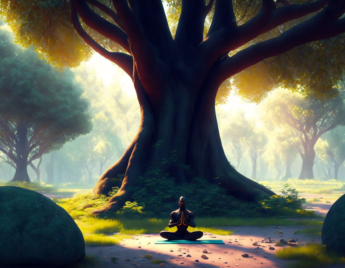 Person meditates under massive tree in sunlit forest