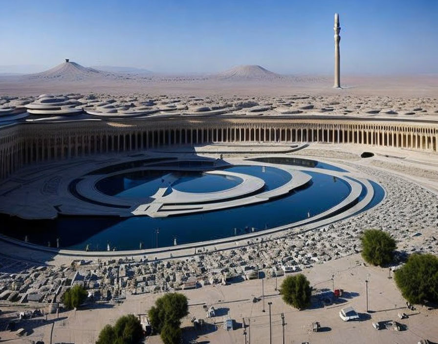 Circular modern building with desert landscape and tower.