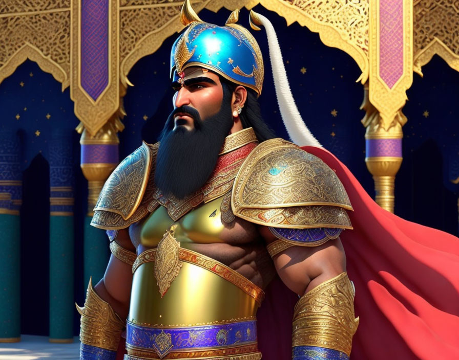 Middle Eastern King 3D Animation in Blue and Gold Armor