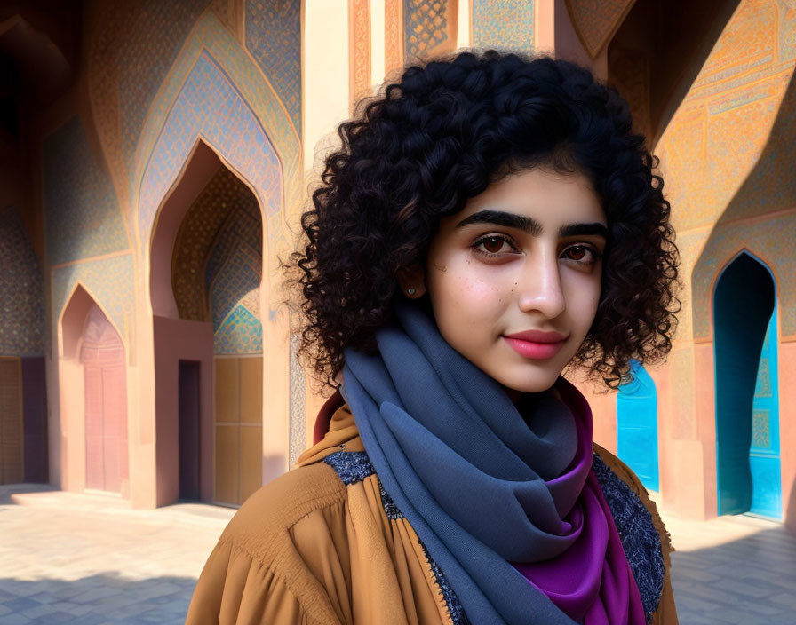 Curly-Haired Woman in Scarf Before Ornate Arched Building