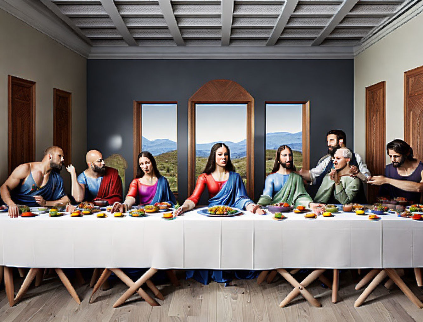 Contemporary Last Supper scene with modern clothing and food at table