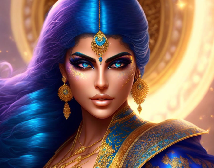 Illustration of woman with blue hair and gold jewelry on ornate golden background