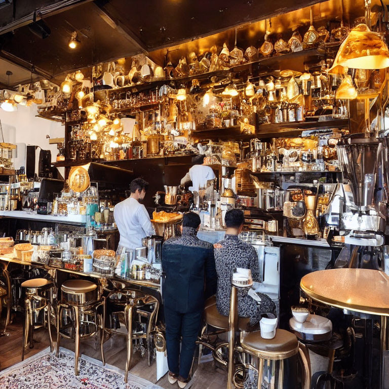 Busy Coffee Shop Interior with Patrons, Baristas, and Gold-Toned Decor