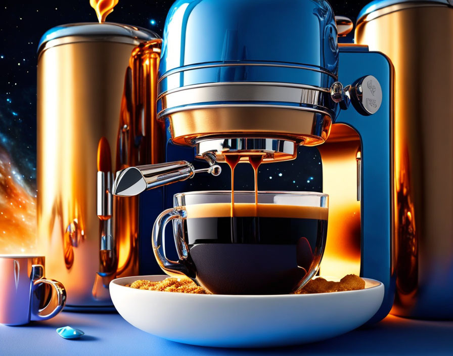 Espresso Machine with Metallic Kitchenware and Biscotti on Cosmic Background