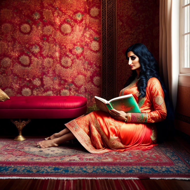 Traditional woman reading book in orange dress with patterned backdrop.