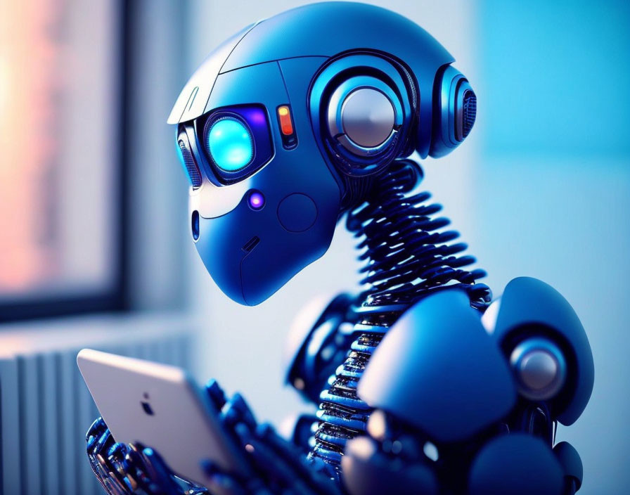 Blue-eyed humanoid robot gazes at laptop screen with sleek blue and silver design and circular patterns.