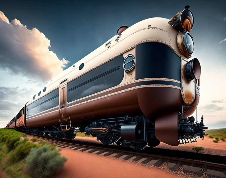 Sleek retro-futuristic train travels through desert landscape