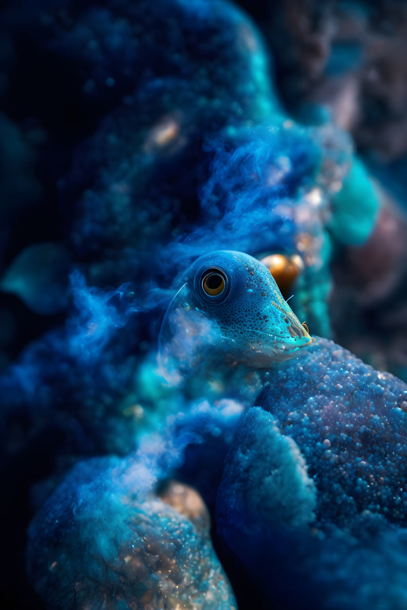 Blue Spotted Reef Fish Camouflaged Among Coral with Detailed Eye and Textured Body