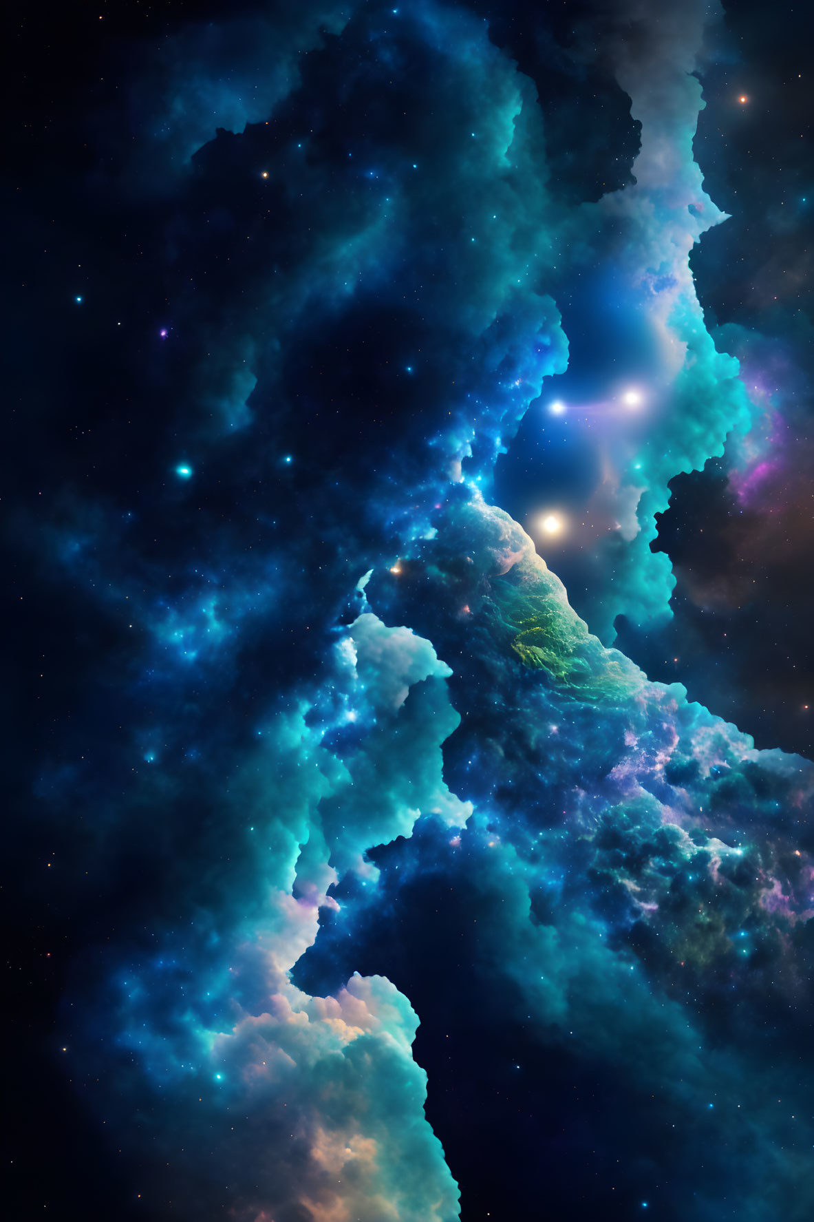 Blue and Purple Cosmic Clouds with Illuminated Stars in Dark Space