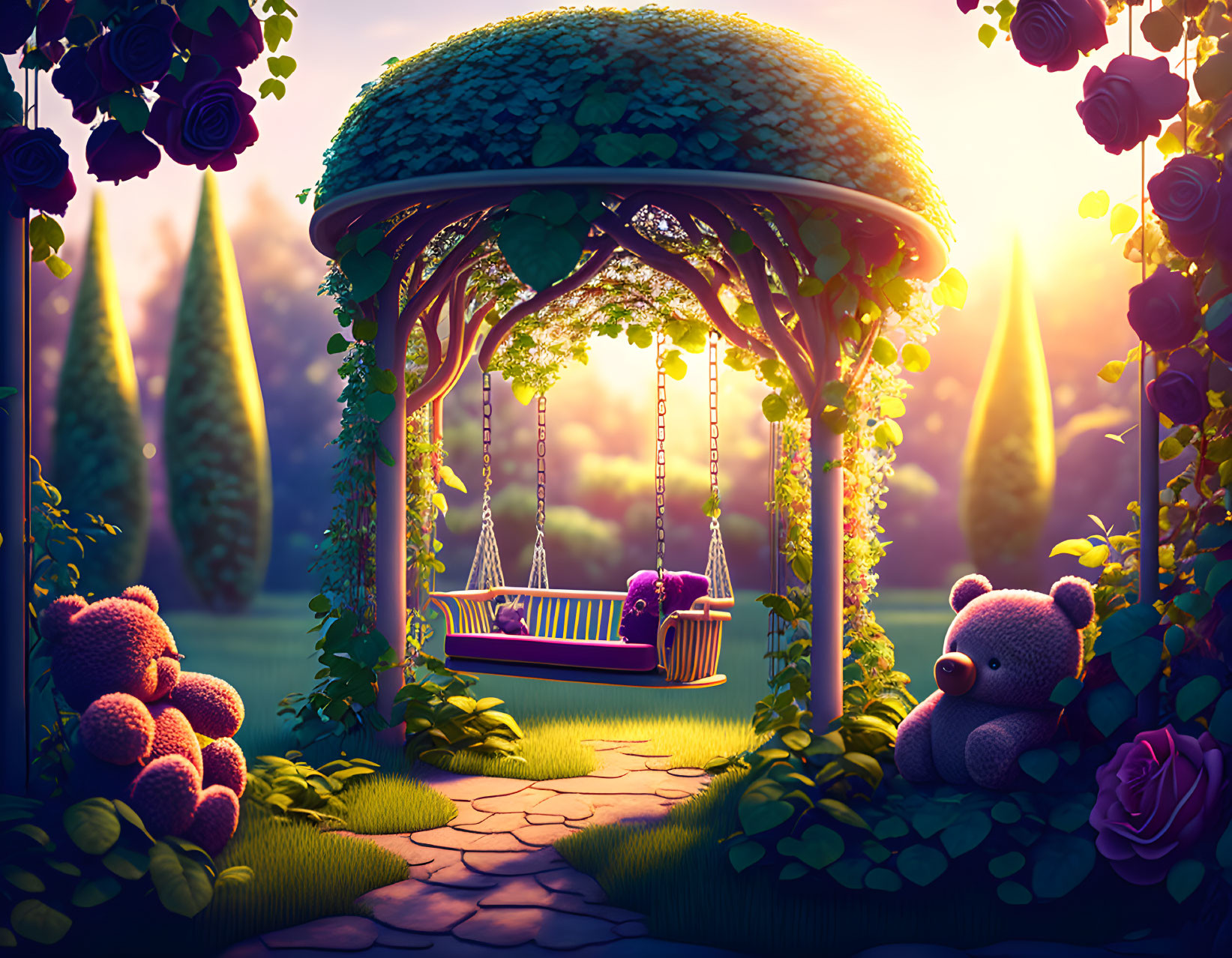 Enchanting garden scene with gazebo, swing, plush bears, purple flowers, greenery,