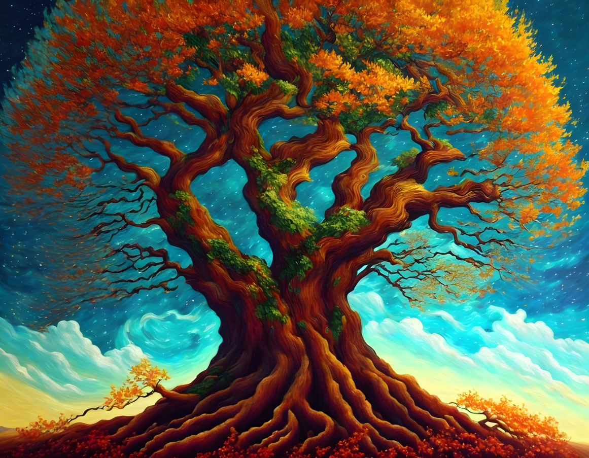 Colorful painting of large tree with orange leaves against swirling sunset sky