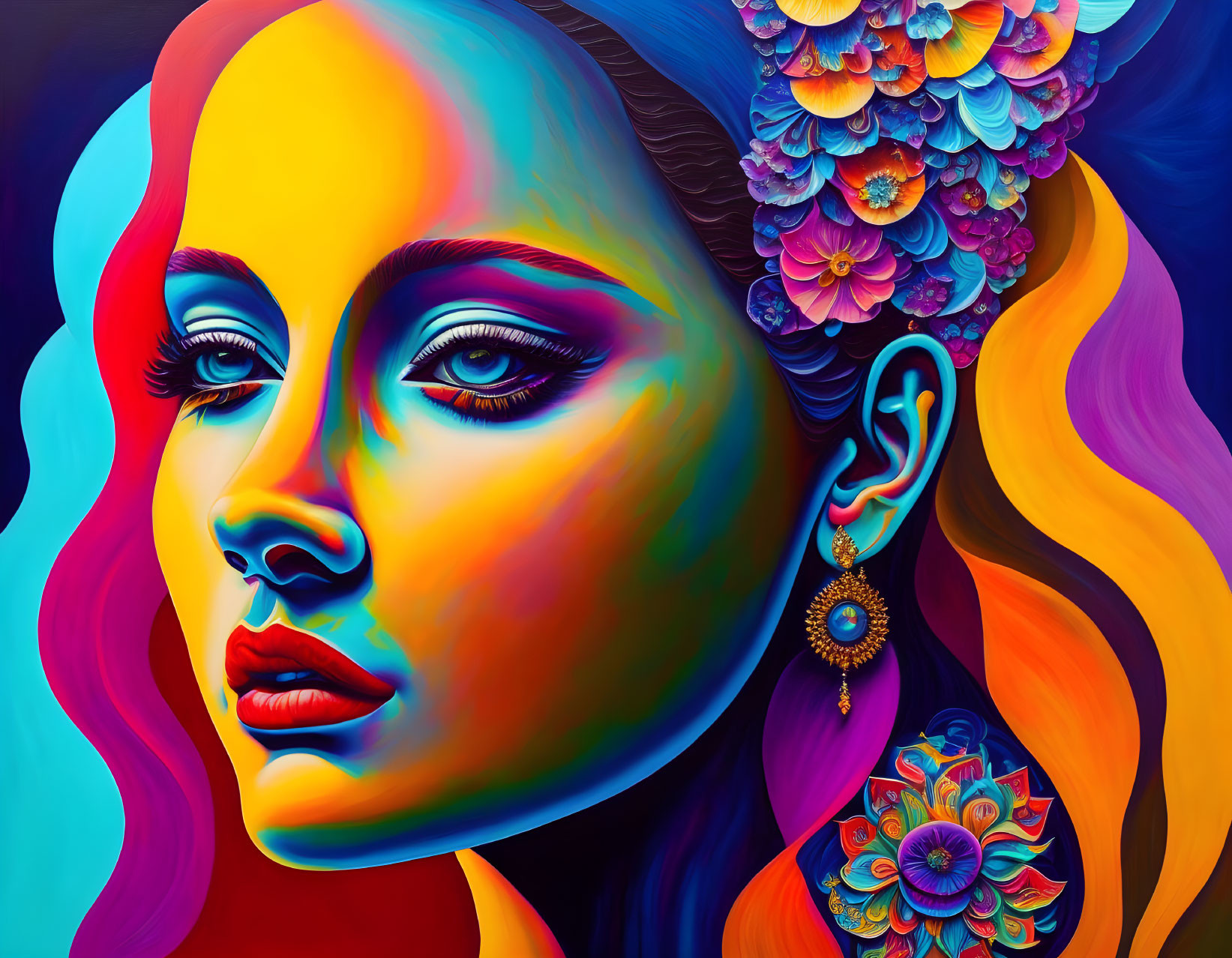 Colorful portrait of a woman with diverse skin tones, floral accents, and intricate earring