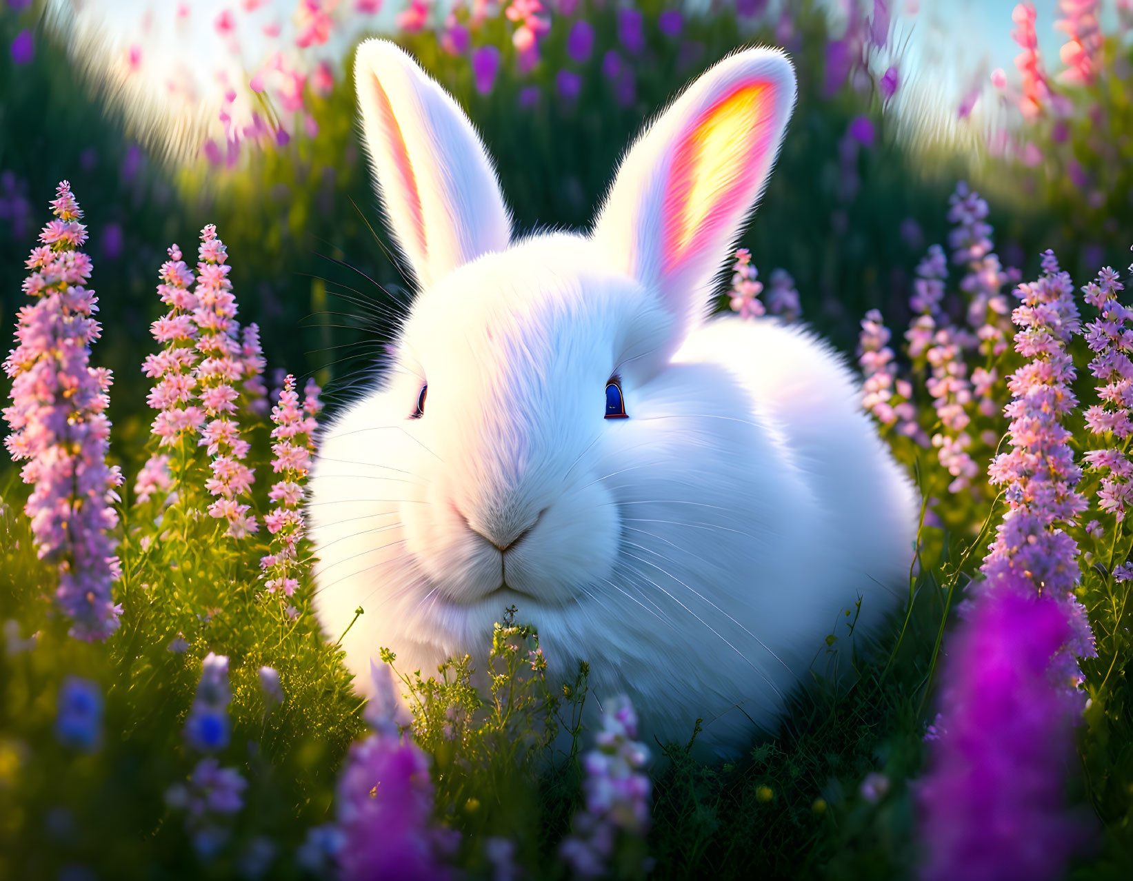 White Rabbit Among Pink Flowers in Sunlit Meadow