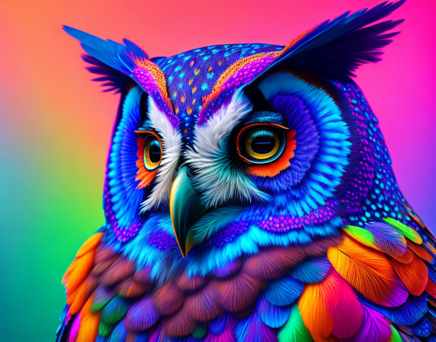 Vibrant Owl Artwork with Blue, Orange, and Purple Feathers