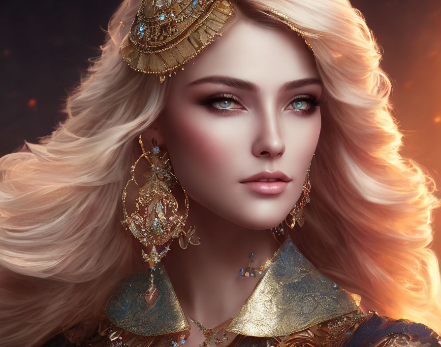 Fantasy portrait of woman with green eyes, golden hair, and ornate gold jewelry