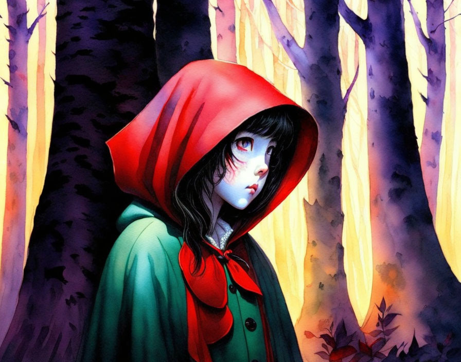 Animated girl in red hood with big eyes in dark forest with glowing light