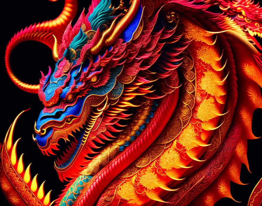 Colorful digital artwork of a mythical dragon with red, orange, and gold scales.