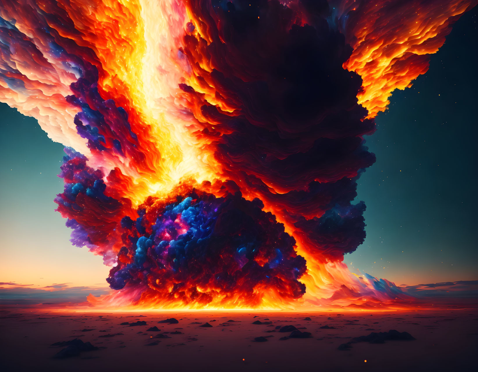 Vibrant red, orange, and blue explosion in serene dusk sky