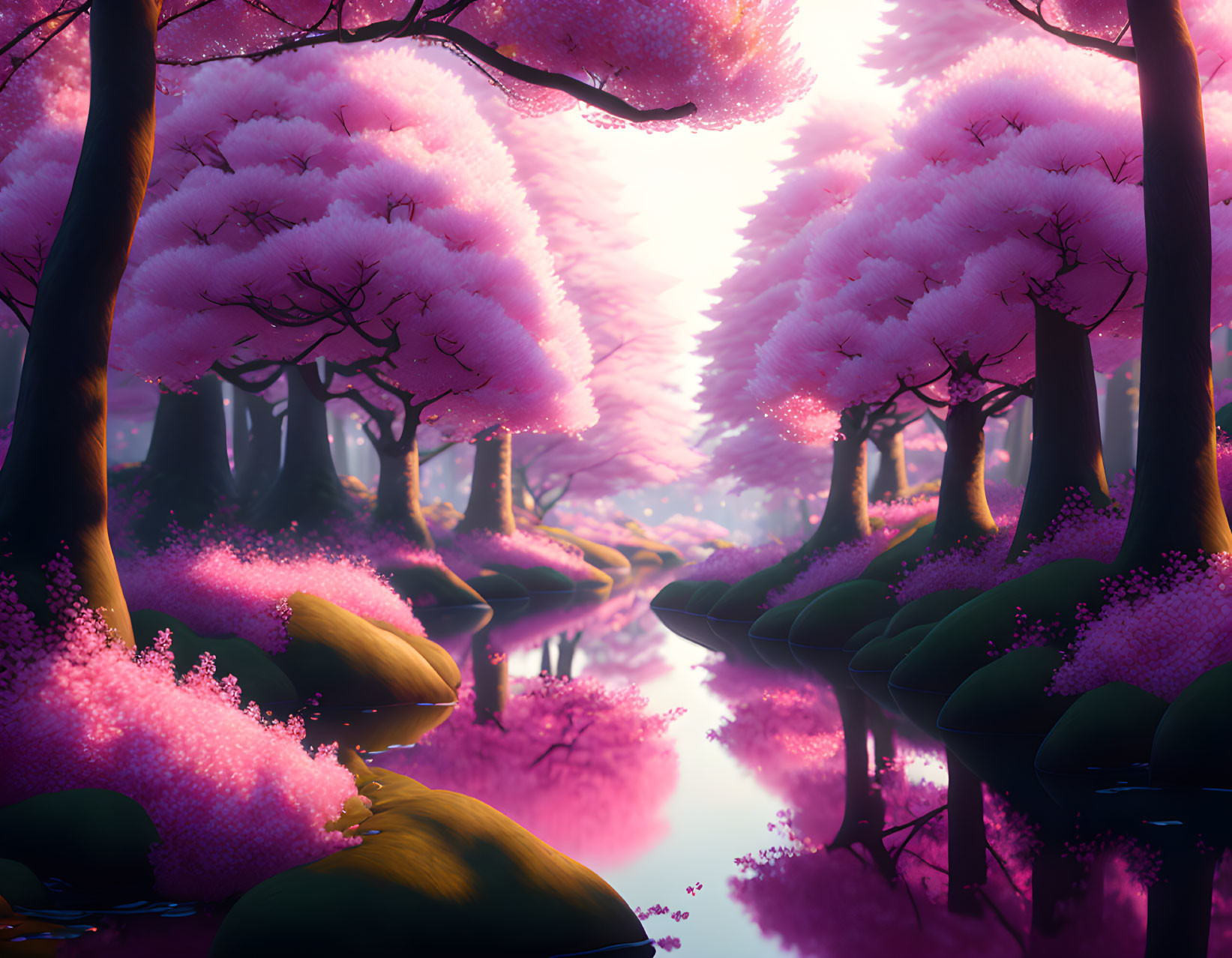 Tranquil forest stream with cherry blossoms and glowing light