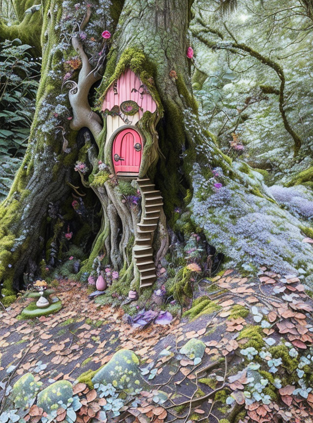 Enchanting fairy tale setting with pink door in old tree