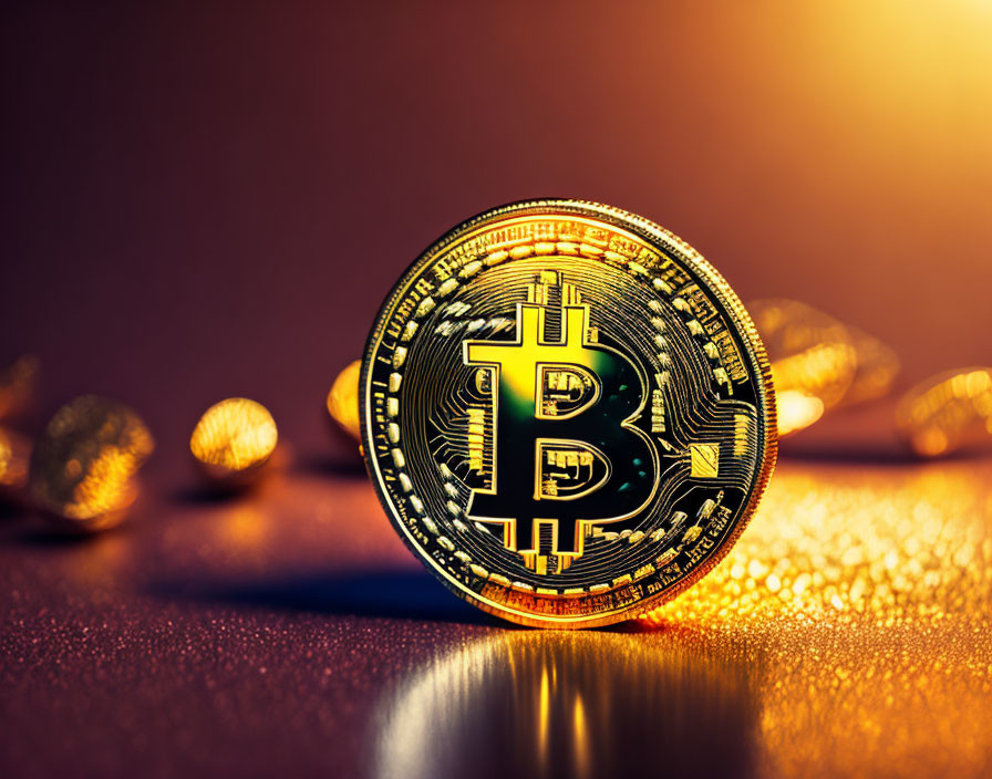 Bitcoin coin on reflective surface against golden background symbolizing cryptocurrency