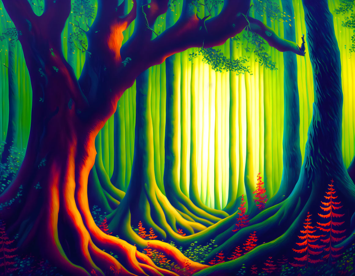 Colorful surreal forest with twisted tree roots and luminous light streaks