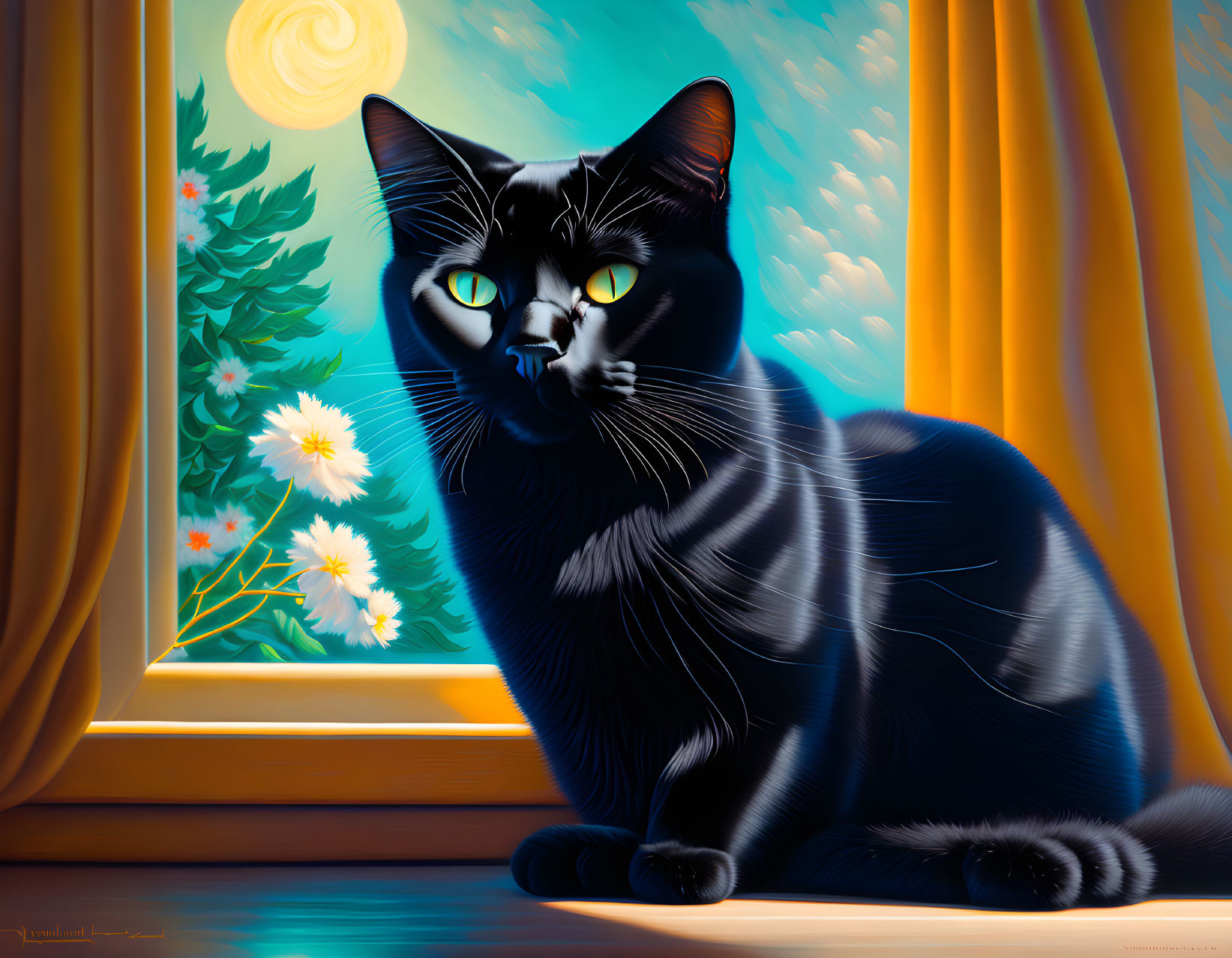 Black cat with green eyes by window at night with full moon and pine tree