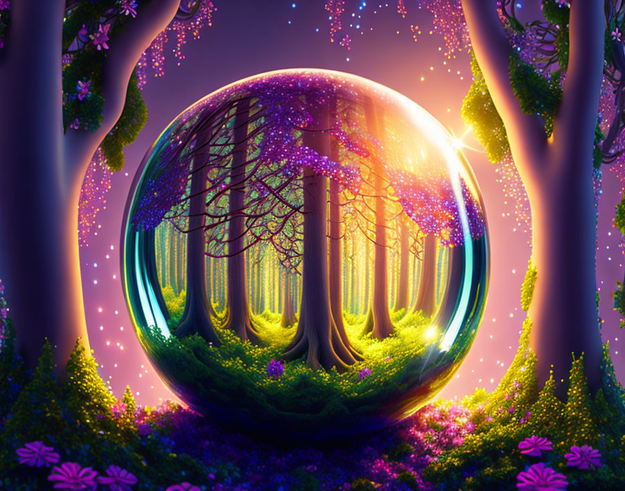 Surreal forest scene in glowing sphere with purple-flowered trees