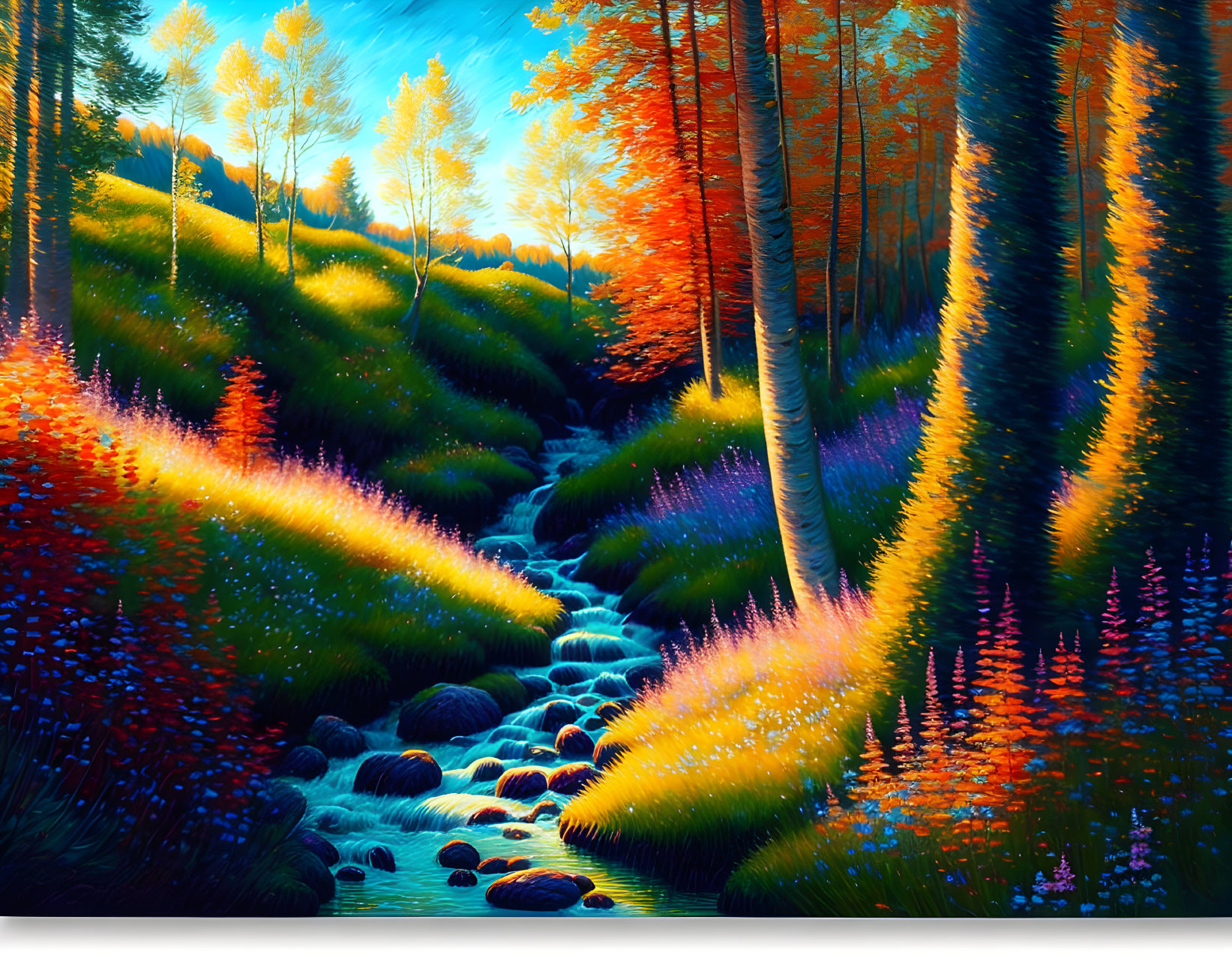 Colorful forest painting with river in autumn ambiance