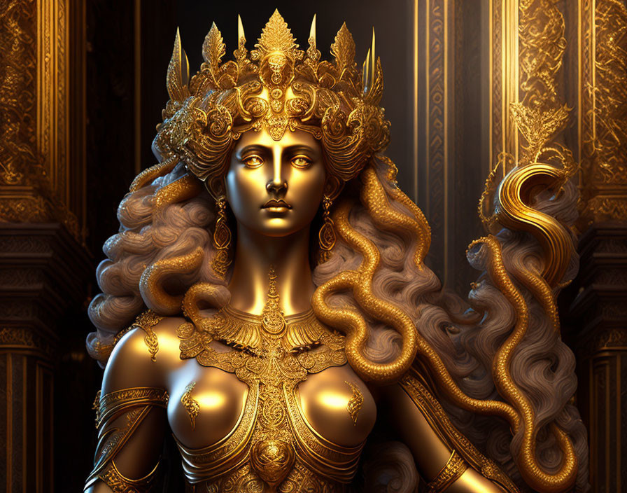 Golden statue of woman with crown and jewelry on dark luxurious background