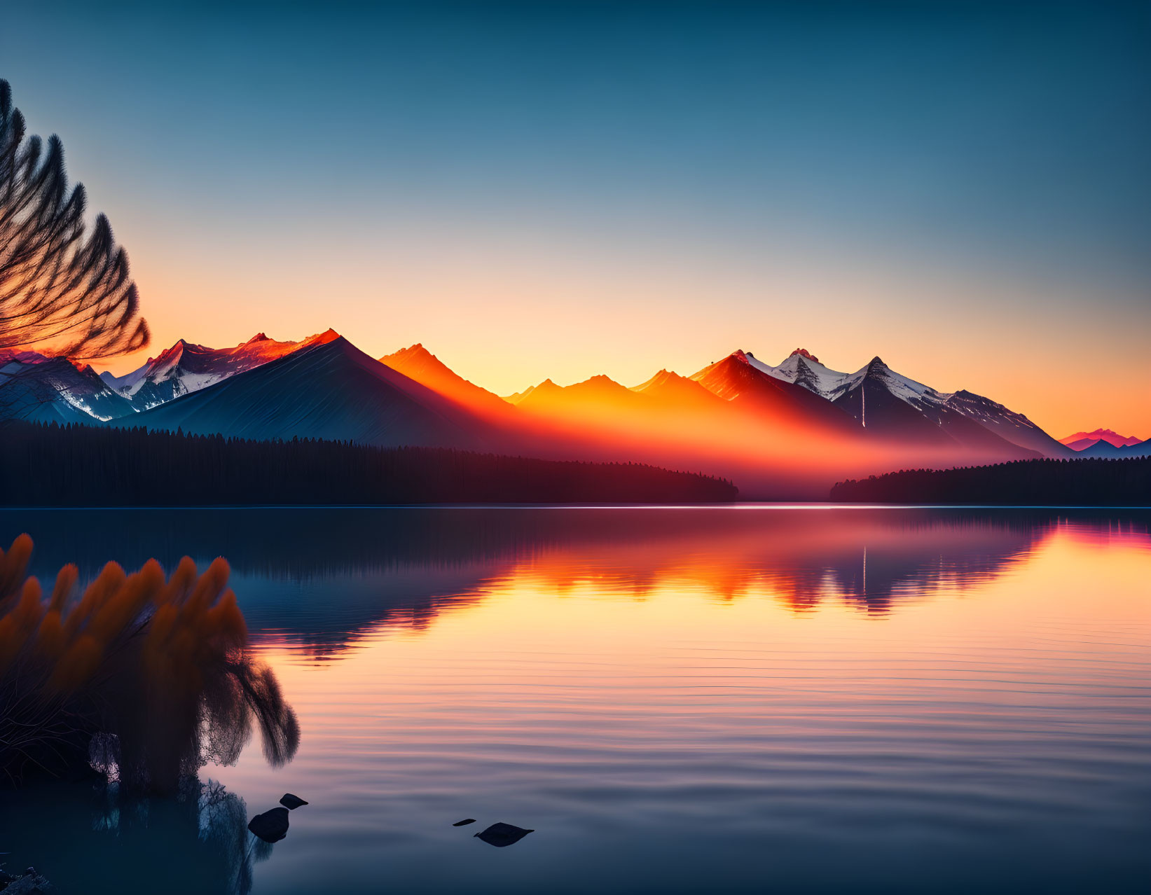 Scenic sunset over calm lake with pine branches and mountain range