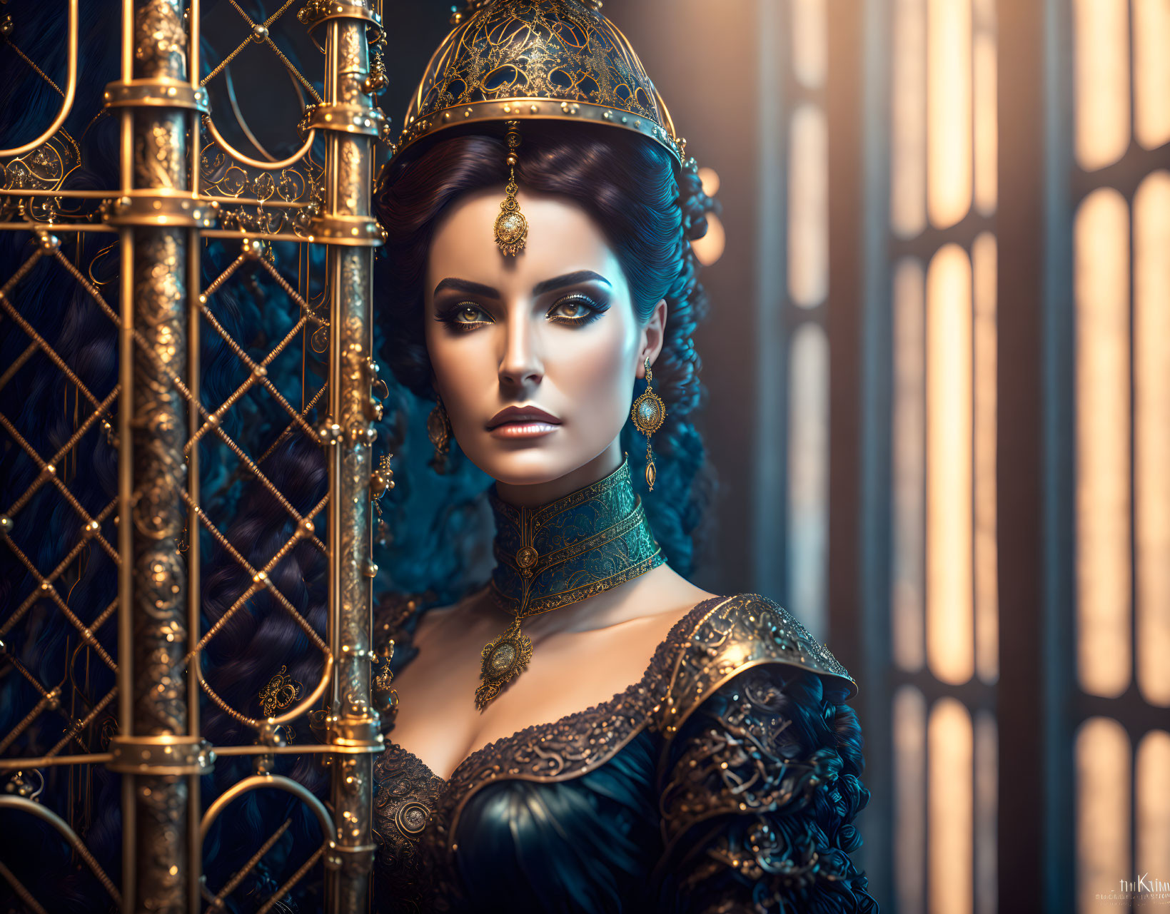 Regal woman in ornate crown and intricate jewelry gazes intently