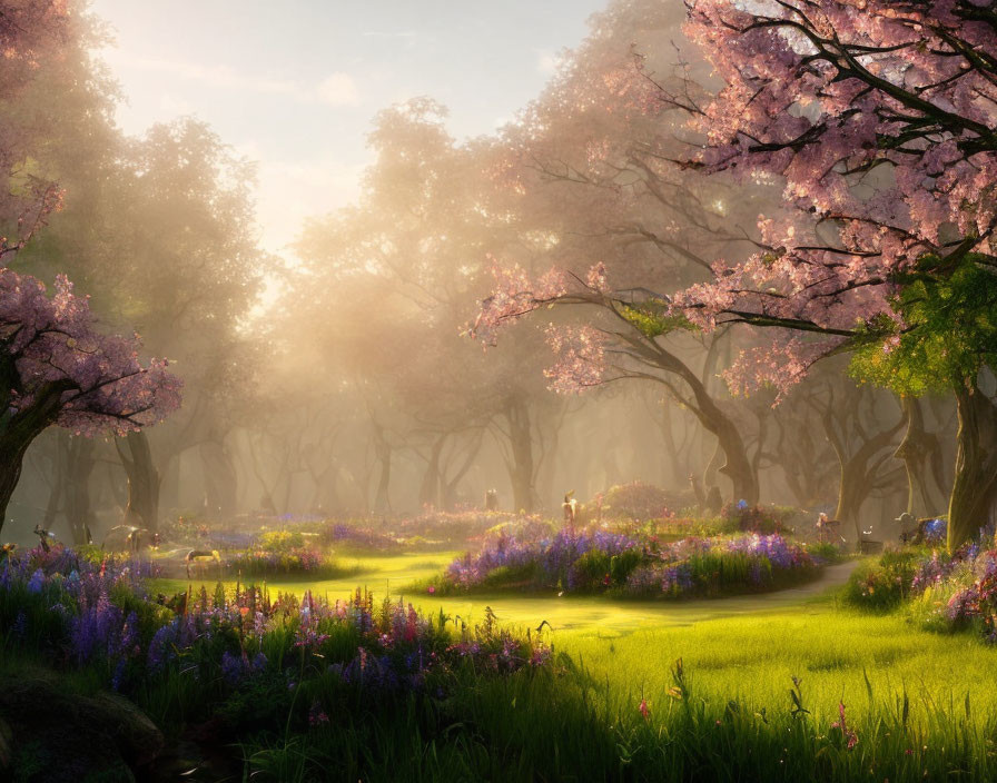 Tranquil forest scene with sunbeams, cherry blossoms, and wildflowers.