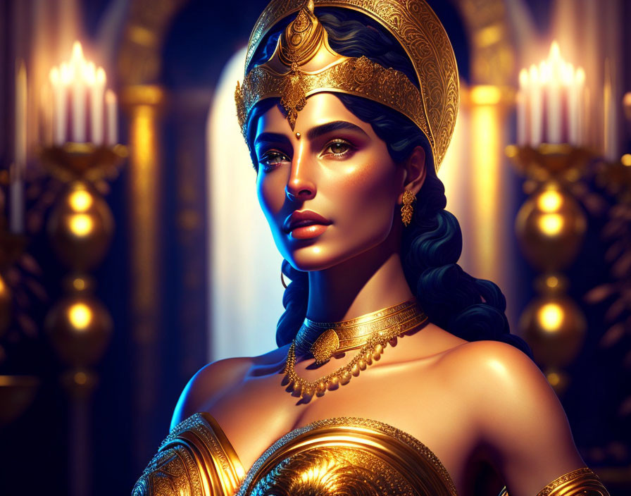 Regal woman with golden jewelry and crown in candlelight