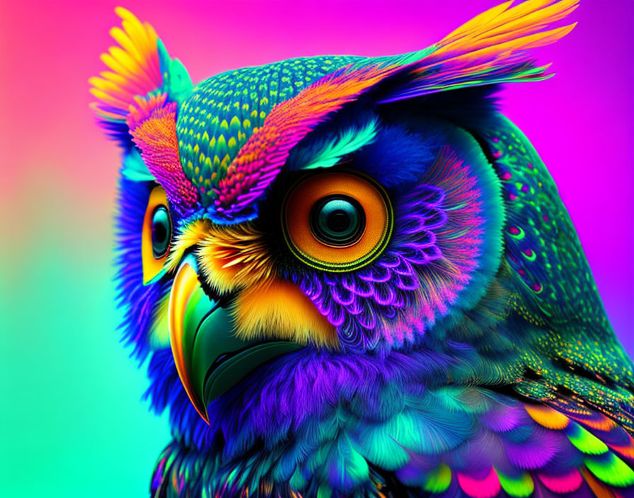 Colorful Digital Artwork: Neon Owl with Intense Eyes