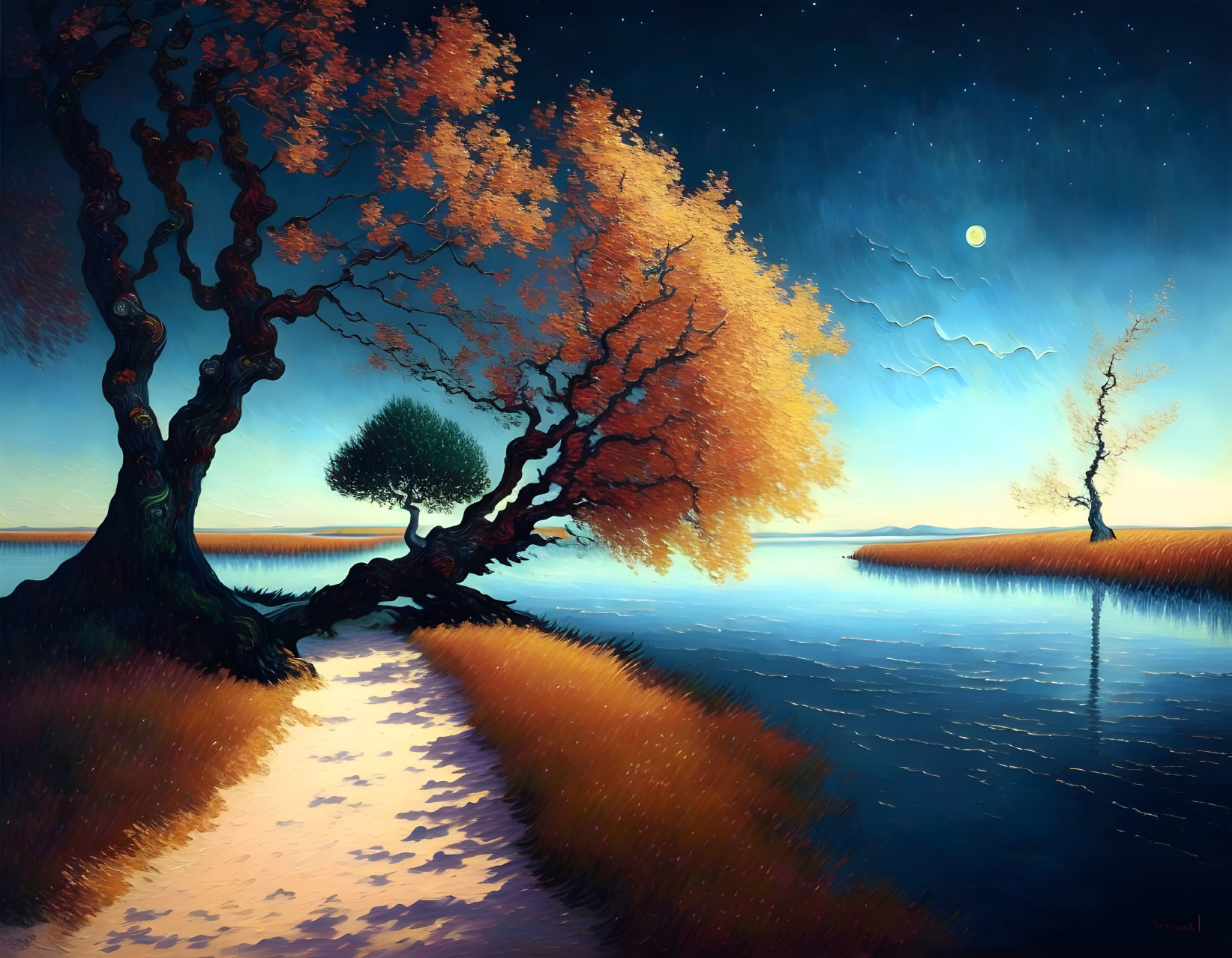 Tranquil night landscape with lush and sparse trees by blue waterway