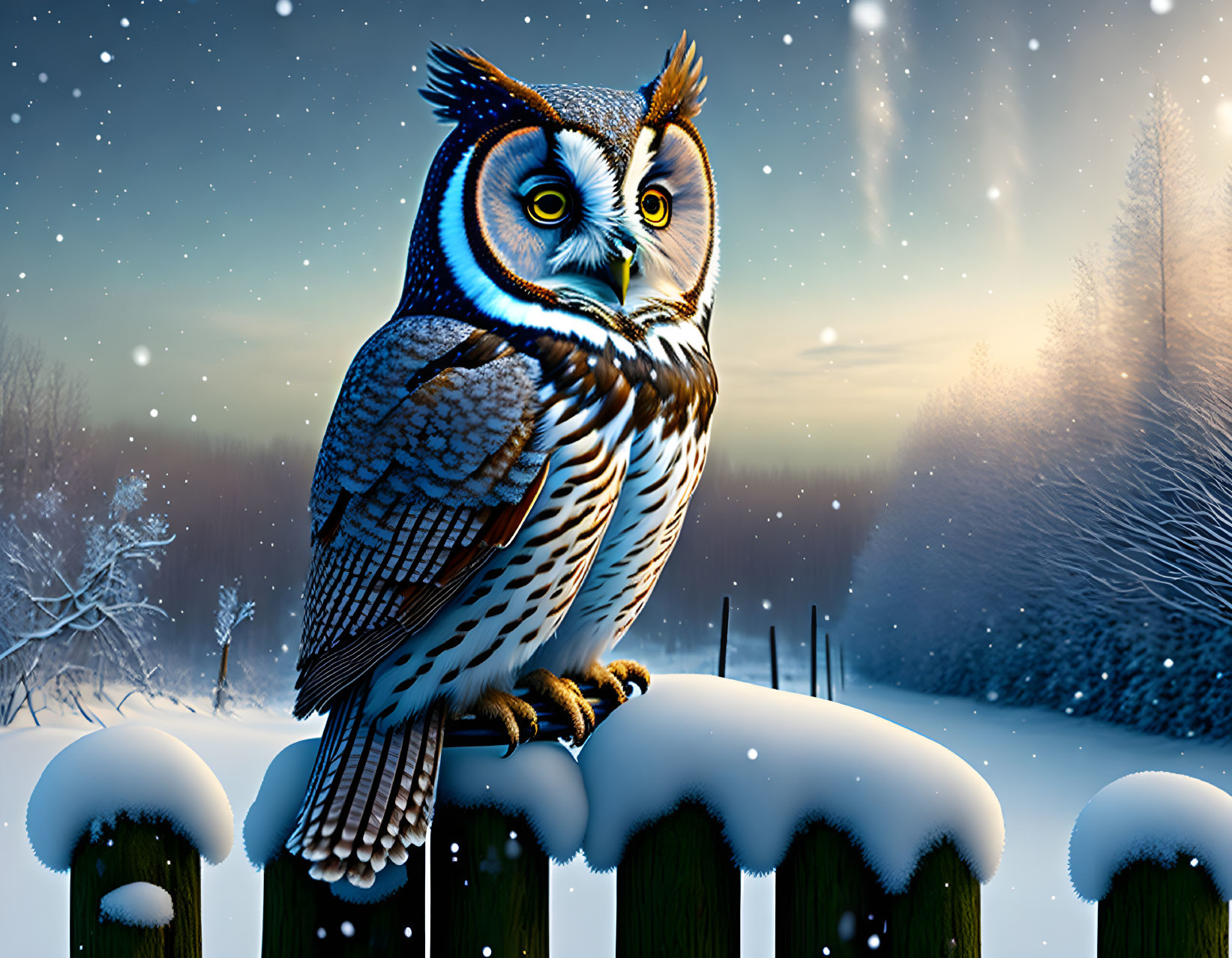 Illustrated owl on snowy fence post with wintry forest backdrop.