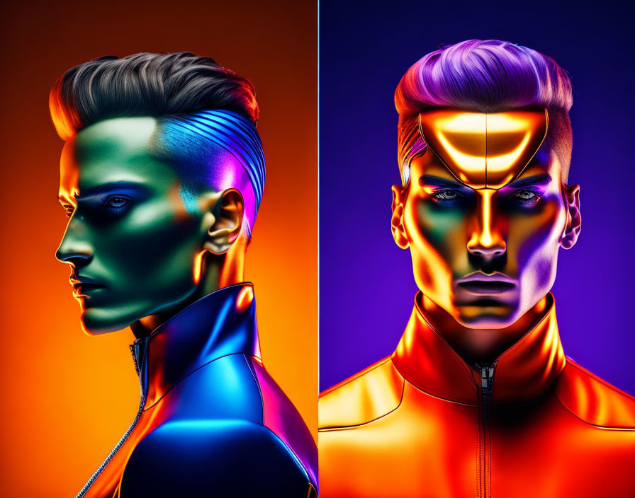 Stylized person portraits with gradient lighting in blue and orange profiles.