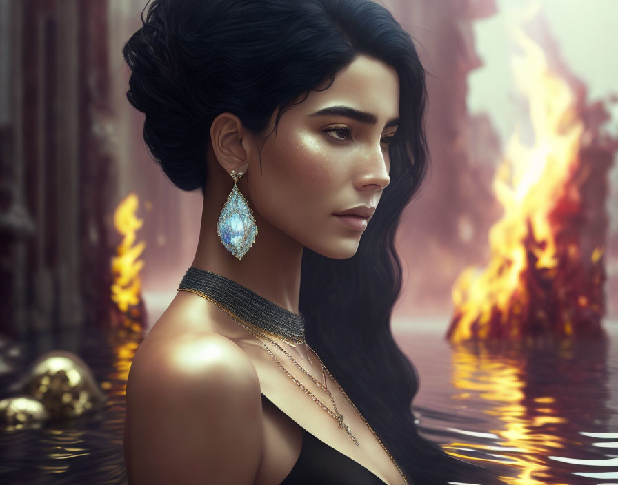 Digital artwork of woman with dark hair and earring gazing at flames