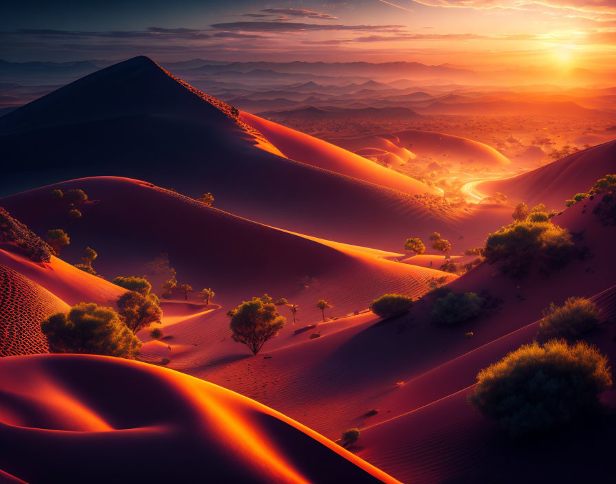 Tranquil desert sunset with rolling sand dunes and sparse greenery