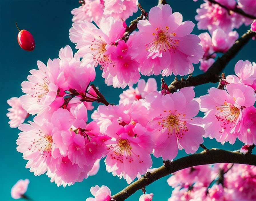 Pink Cherry Blossoms in Full Bloom Against Blue Sky