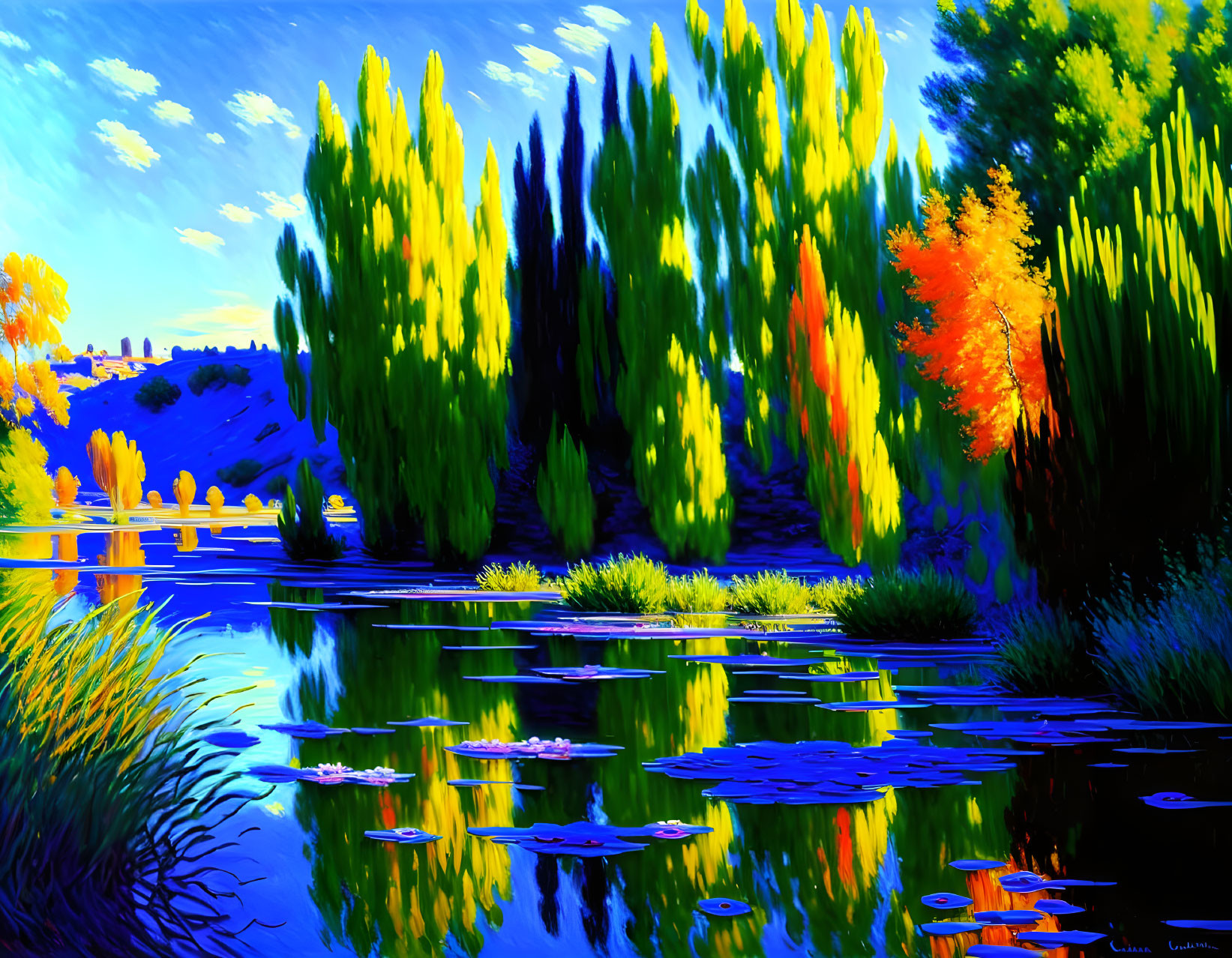 Impressionist-style painting of tranquil pond with colorful trees and reflections