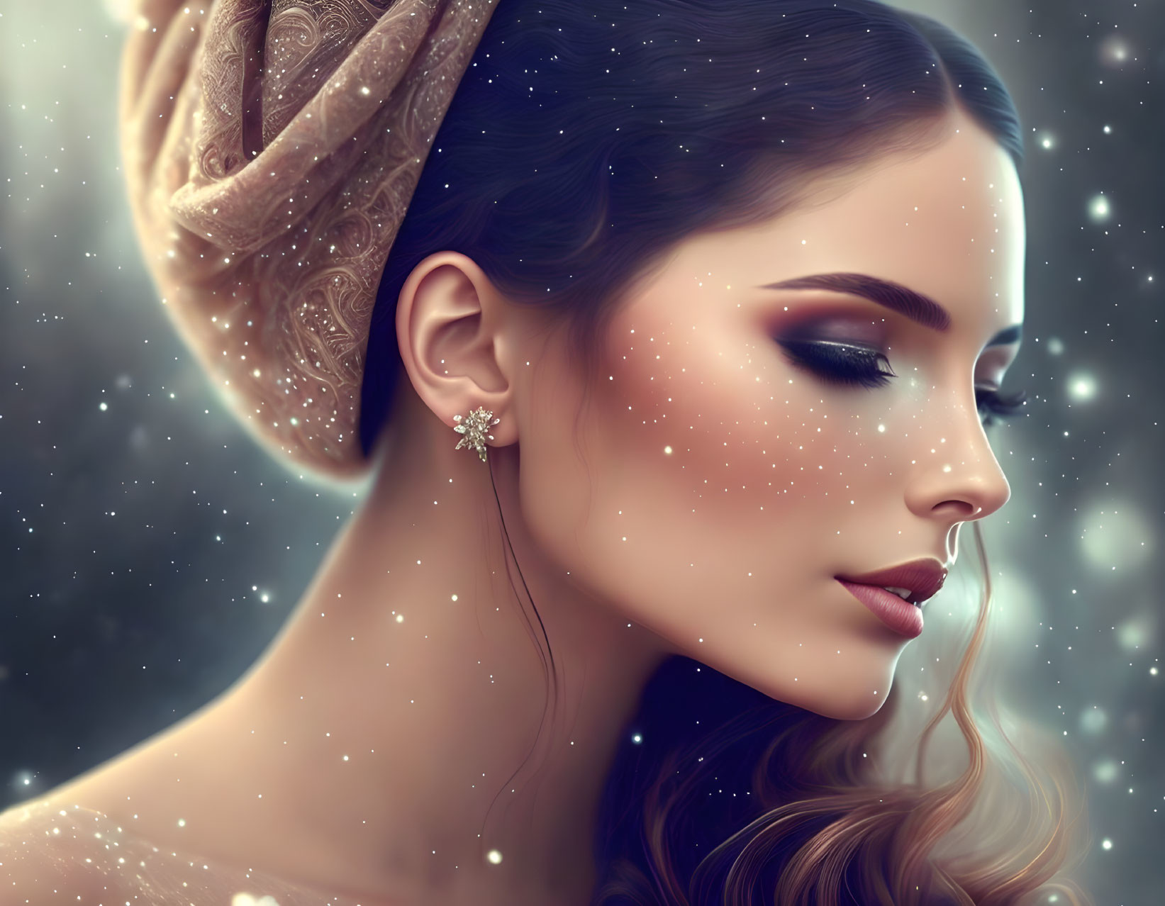 Digital artwork: Woman adorned with stars, sparkles, detailed makeup, and elegant earring