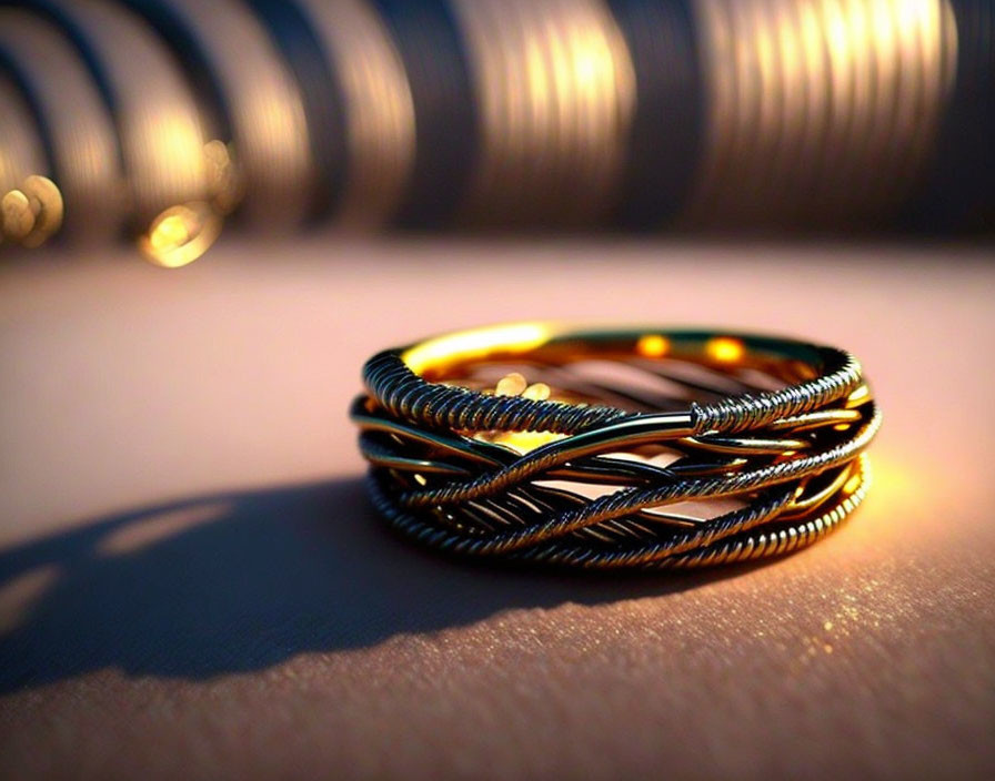 Two-tone twisted metal bangle close-up with blurred metal coils in warm light
