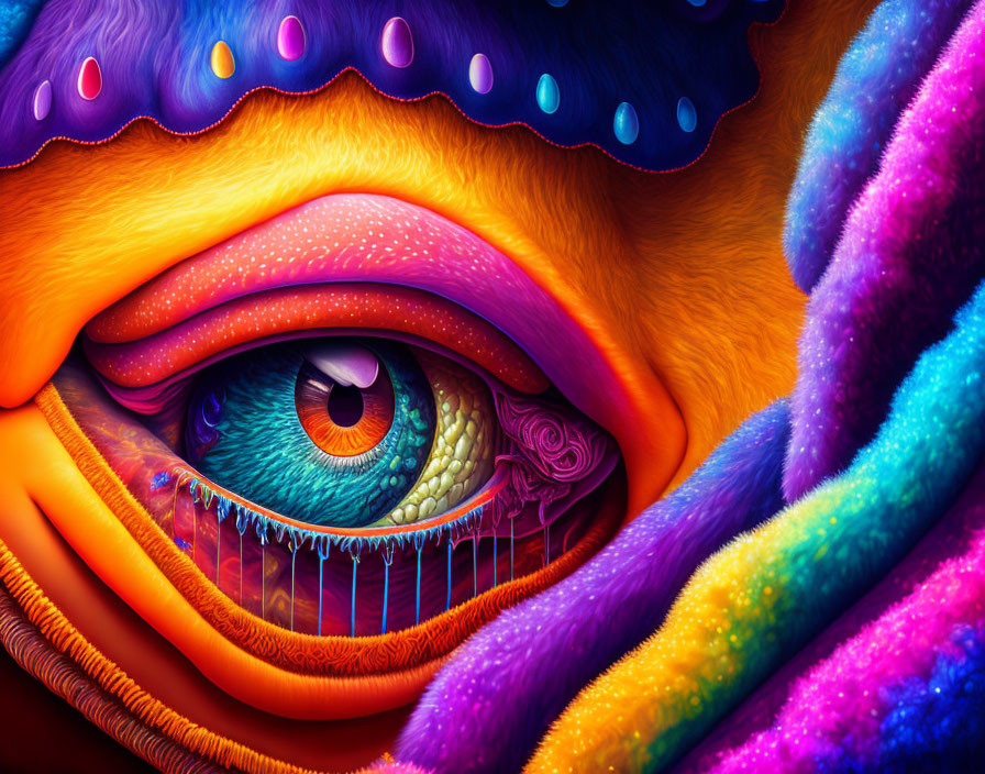 Colorful human eye surrounded by abstract patterns and vivid hues.